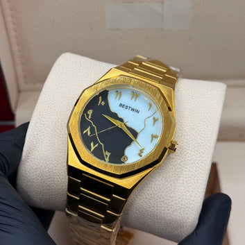 Aura stain less steel golden with marble dial