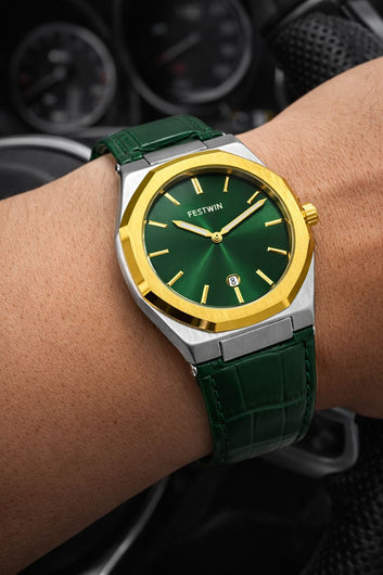 Green Dial Gold Bezel Watch – Premium Leather Strap