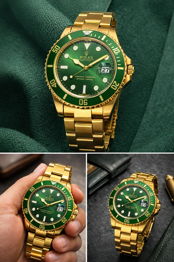 RLX Premium Golden Stainless Steel Men’s Watch with Green Dial & Date Display