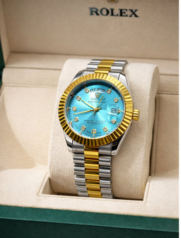 Luxury RLX Two-Tone Men’s Watch – Ice Blue Dial with Day & Date Display