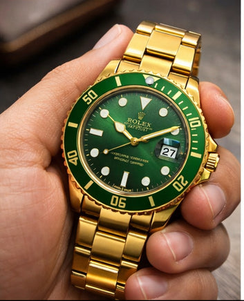 RLX Premium Golden Stainless Steel Men’s Watch with Green Dial & Date Display